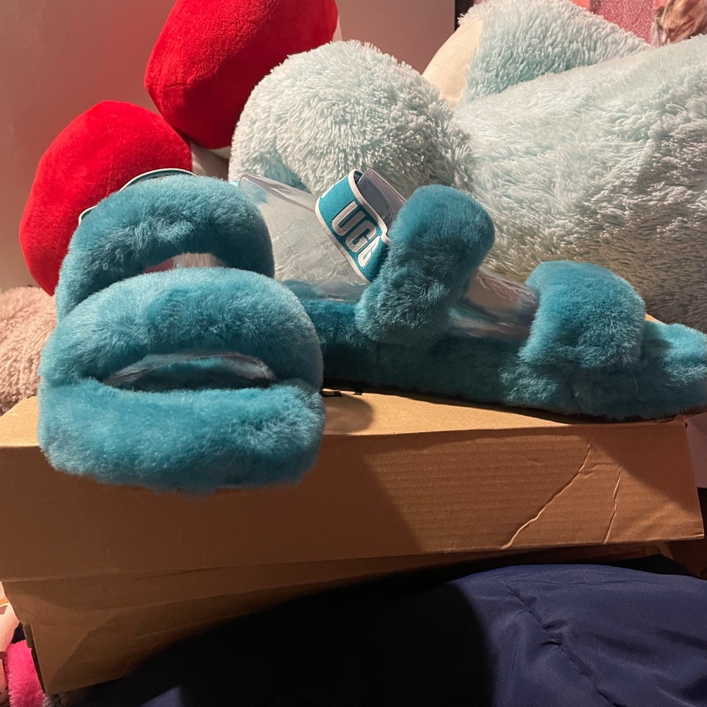 New womens teal UGG sandals real sheep fur